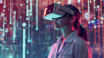 A woman wearing a white lab coat is playing a video game with a virtual reality headset. The game is set in a futuristic world with bright colors and a lot of movement - obrazy, fototapety, plakaty