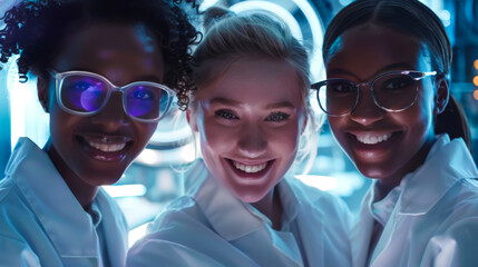Portrait of young multiracial women working together in a modern laboratory. Science, technology concept.