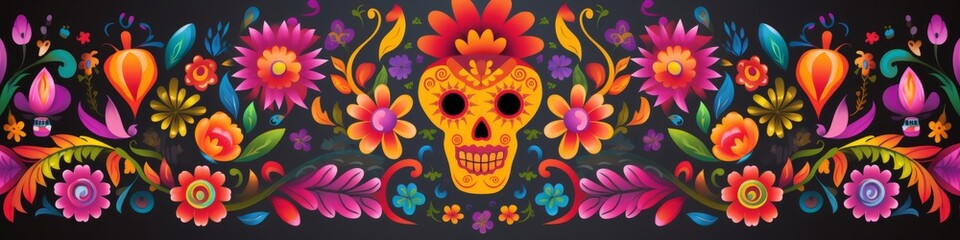 A vibrant skull adorned with colorful flowers and leaves set against a black background, inspired by Mexican folk art for Cinco de Mayo celebration. Banner.
