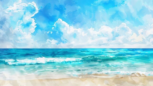 Serene tropical beach panorama with vast sky meeting the sea horizon, watercolor painting