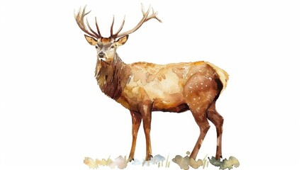 Watercolor Illustration of Brown Deer on White Background, Wildlife Animal Painting