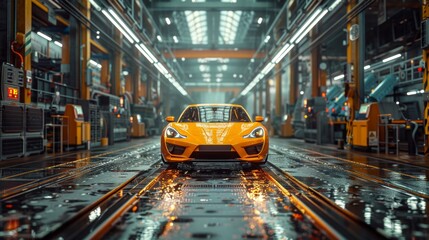 Fototapeta premium AI revolutionizes car manufacturing with precision, robotic arms powered by AI assemble parts flawlessly, conduct quality checks, ensuring impeccable vehicles in a tech-driven world. 