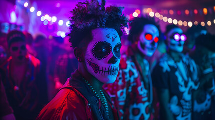 Crowd at a Cinco de Mayo rave party with colorful face and hair paint