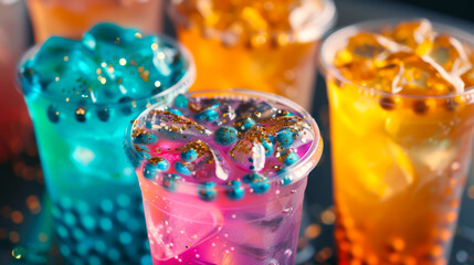 Bright colored lemonades in disposable glasses with ice, fruits or berries on a blue background. Refreshing drinks.