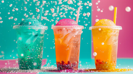 Bright colored lemonades in disposable glasses with ice, fruits or berries on a blue background. Refreshing drinks.