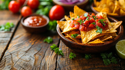 Close-up of nachos with sauce and jalapenos on a wooden table, Mexican snack. Dark background. View from above.