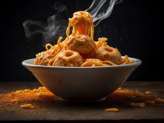 Steaming spaghetti and meatballs in a bowl with cheese and a sprinkle of spices Generative AI