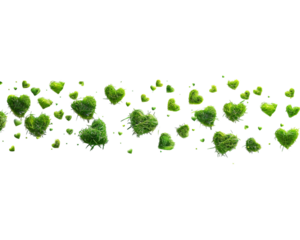 Green grass hearts falling on white transparent background