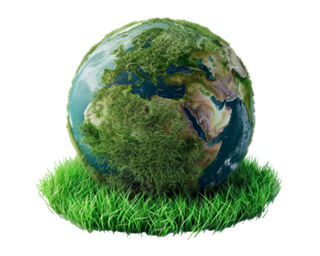 Grass earth globe on white transparent background