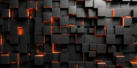 Fototapeta premium Abstract 3D background of chaotic black cubes with glowing orange edges, modern digital art concept.