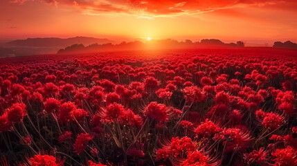 A large field dotted with red bright flowers at sunset. Nature concept. Landscape.