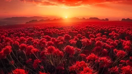 Tuinposter Donkerrood A large field dotted with red bright flowers at sunset. Nature concept. Landscape.