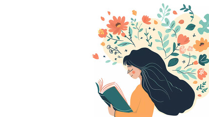 Girl happily reading book with flowers on white background.World book day.