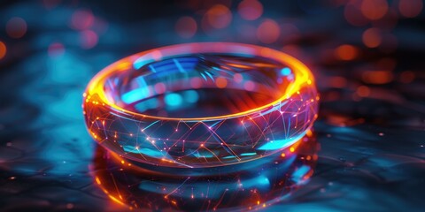 Glowing futuristic ring with neon lights and reflections on a dark surface. - obrazy, fototapety, plakaty