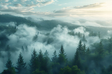 A breathtaking landscape with misty fog or soft clouds, creating a serene and tranquil atmosphere