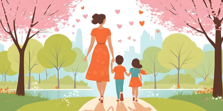 Mothers Day flat illustration with a young mother walks with her child in the park. Holiday family concept 