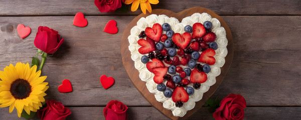 Fototapeta premium Heart shaped cake, flower decor on a wooden tabletop. Sweet pastries, cakes. Mother's Day concept, Valentine's Day