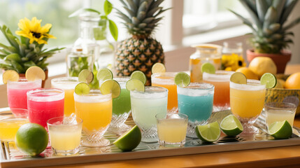 A tray displaying an assortment of drinks, including margaritas, for a Cinco de Mayo celebration - obrazy, fototapety, plakaty