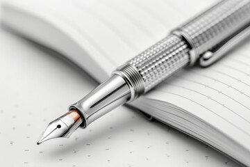 Sleek silver pen with an open notebook isolated on a white background. Concept of writing and creativity. Generative Ai.