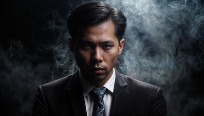 A man in a suit and tie is standing in front of a cloud of smoke. The man's expression is serious and he is in a position of authority. The smoke adds a sense of mystery and intrigue to the scene - obrazy, fototapety, plakaty