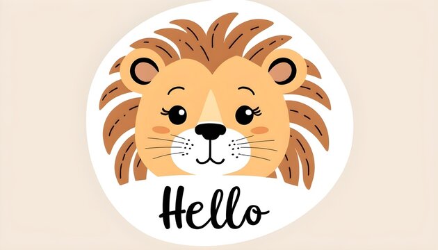 Hand drawn vector illustration of a cute funny lion face, with lettering quote Hello. Isolated objects. Scandinavian style flat design. Concept for children print.
