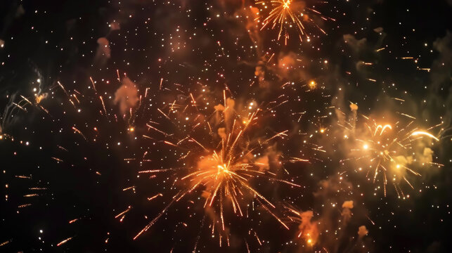 Bright fireworks exploding against the dark night sky. Photo from below. Holiday concept.