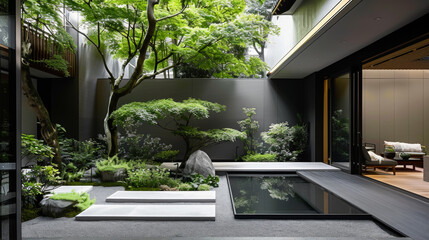 Green area in the backyard of a modern house. Stylish interior, minimalistic path, tropical plants,...