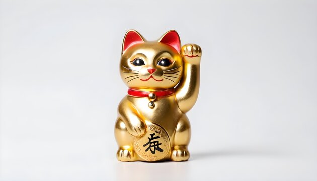 Lucky cat, an oriental figurine from Japan. golden toy isolated on white background.