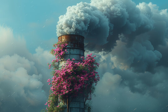 Industrial smokestack with a crank on the side, emitting not smoke but blooming flowers. Concept of greening the environment. Generative Ai.