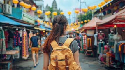 Obraz premium Young Asian woman traveler tourist walking at outdoor market in Bangkok in Thailand. People traveling, summer vacation and tourism