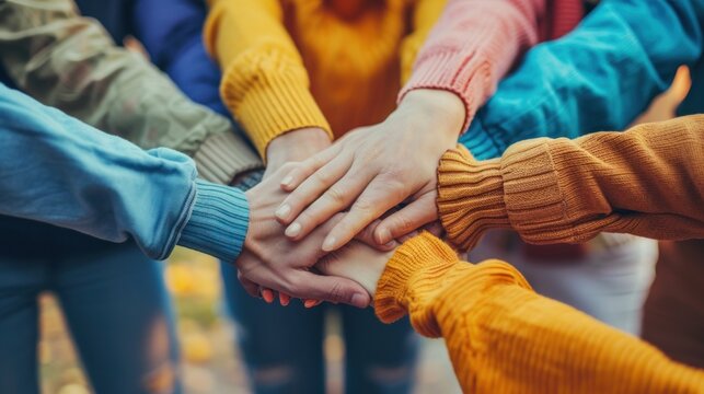 Teamwork, unity concept, group of friends put their hands together with copy space