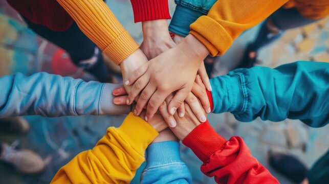 Teamwork, unity concept, group of friends put their hands together with copy space