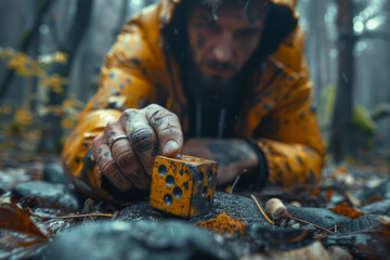 Person rolling a dice with various life elements, emphasizing the unpredictable nature of life choices. Concept of life's gamble. Generative Ai.