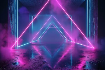 Surreal tunnel illuminated by intense neon blue and fuchsia stripes in a damp environment.