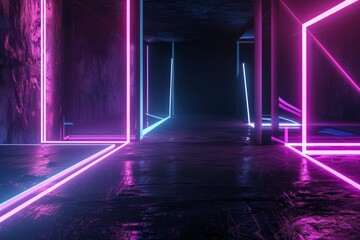 Ethereal corridor with radiant blue and purple neon lines in a reflective, moist atmosphere.