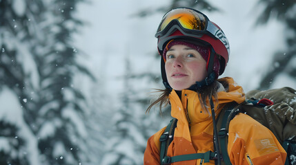 A female ski patroller in Oregon responds to a radio call in a wide shot cinematic scene.

