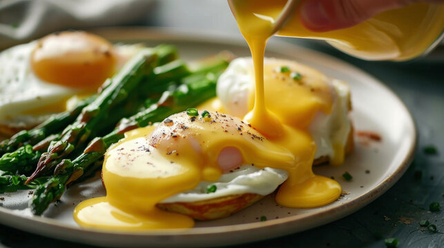 A plate featuring sunny-side-up eggs and roasted asparagus, presenting a combination of colors and textures.