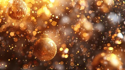 Golden Christmas Tree Ornaments on Glowing Winter Night Background with Colorful Bokeh and Confetti Elements - obrazy, fototapety, plakaty