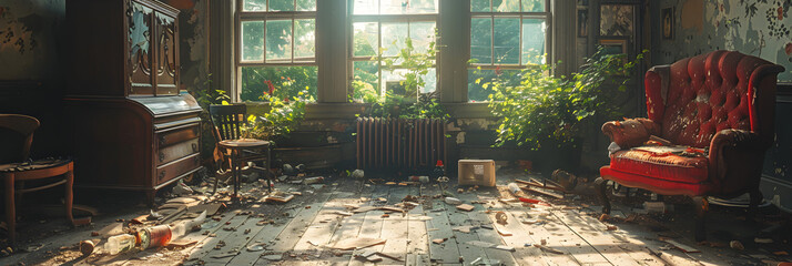 Flooded room due to a broken water pipe created with  ,
Cluttered Room in an Abandoned Hotel
 - obrazy, fototapety, plakaty