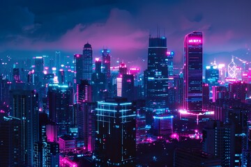 Fototapeta premium A futuristic city skyline illuminated by vibrant neon lights at night