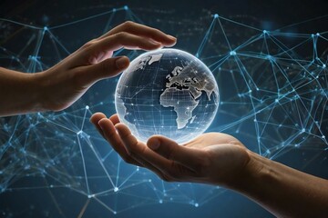 Pair of hands holding a transparent globe with digital connections and nodes superimposed over it, representing a network, global communication - obrazy, fototapety, plakaty