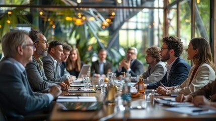 Group of serious professionals engaged in an investment meeting, thoughtfully discussing and selecting sustainable portfolios to ensure ethical investing and a greener future