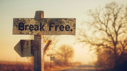 Break free  word and arrow signpost on clear sky background. Motivational sign. Vintage style. - obrazy, fototapety, plakaty