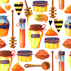 Flower sugar honey seamless watercolor pattern. Bee bread, wooden spoon, glass jars with sweet dessert, pollen and nectar, striped heart. Hand drawn background, ornament for print, fabric, wallpaper