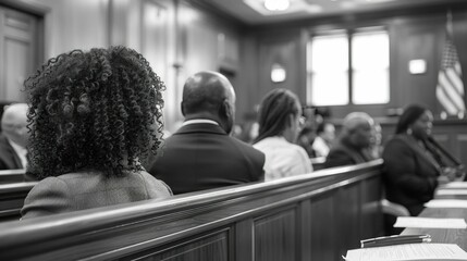 A courtroom scene where environmental justice is being sought after, with advocates passionately defending affected communities. The judge presides over the trial, gavel in hand - obrazy, fototapety, plakaty