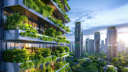 Innovative urban landscape prioritizing green energy solutions, highlighting sustainable development. Cutting-edge technology and eco-friendly infrastructure abound - obrazy, fototapety, plakaty
