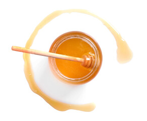 Obraz na płótnie Canvas Jar with tasty natural honey and dipper on white background, top view