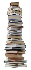 High stack of many different books isolated on white