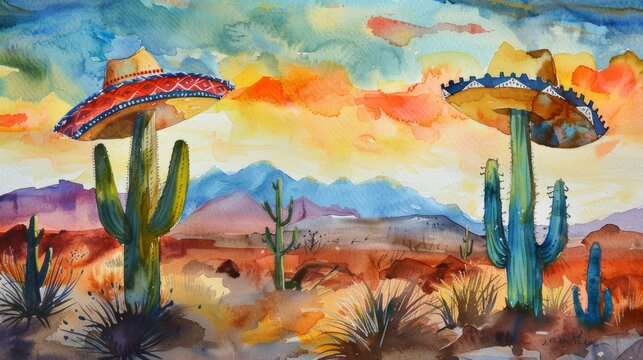 A watercolor painting depicting a desert landscape on Cinco de Mayo, featuring cacti under a blue sky. Copy space.