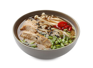 Delicious ramen with meat and mushrooms in bowl isolated on white. Noodle soup